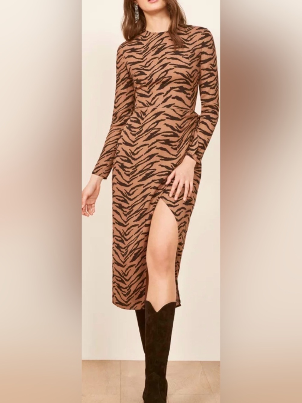 Reformation Maurita Midi Wrap Dress Rajah Tiger Stripe Brown Size 6